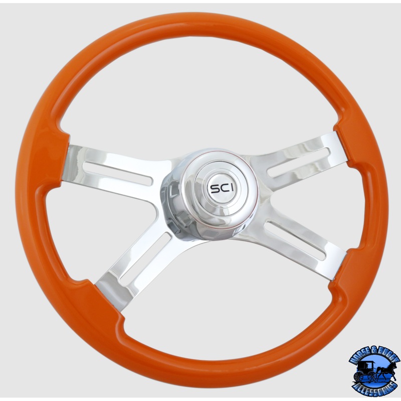 Classic Orange – 18 Painted Wood Rim, Chrome 4-Spoke w/Slot Cut Outs, Chrome Bezel, Chrome Horn Button