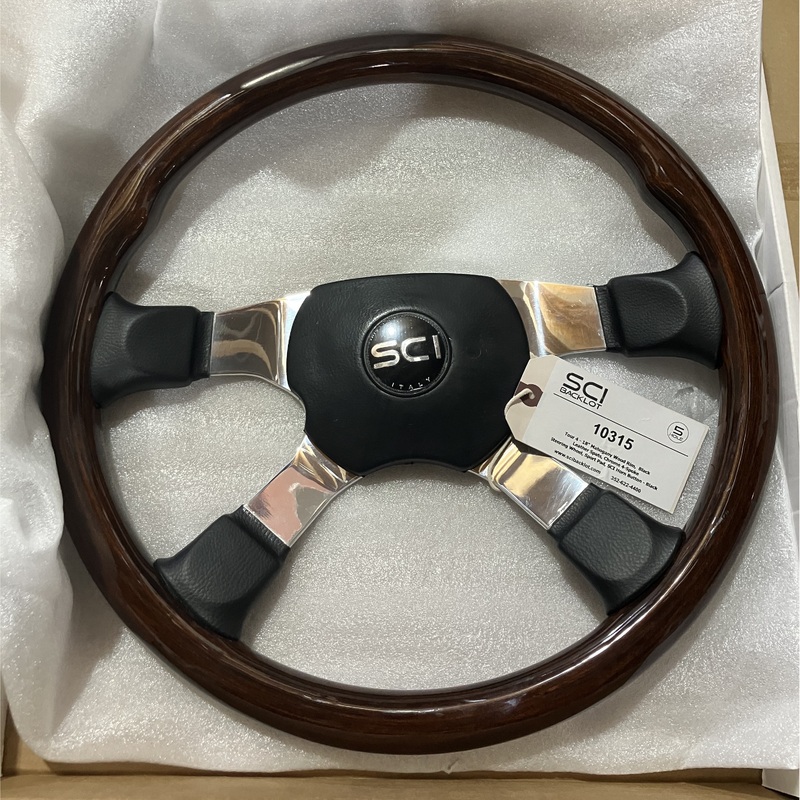 SC-10315 Tour 4-18 Mahogany Wood Rim, Black Leather Spats, Chrome 4-Spoke Steering Wheel, Sport Pad, SCI Horn Button – Black