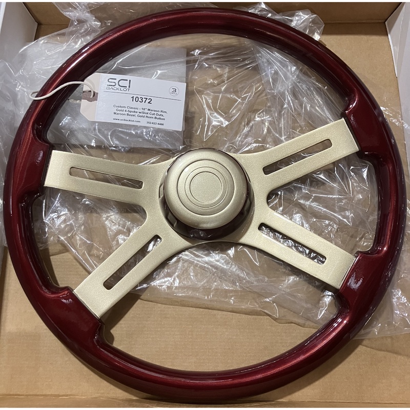 SC-10372 Custom Classic – 18 Maroon Rim, Gold 4-Spoke w/Slot Cut Outs, Maroon Bezel, Gold Horn Button